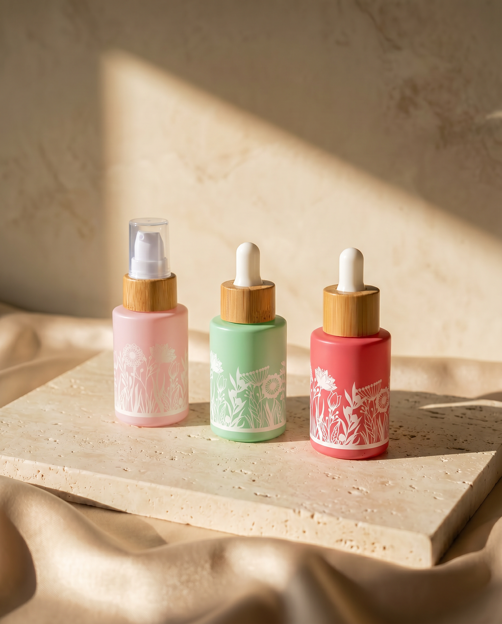 HAPPY FLOWER Serie I Pipettenflaschen aus Glas in tollen Farben mit Blumenmuster