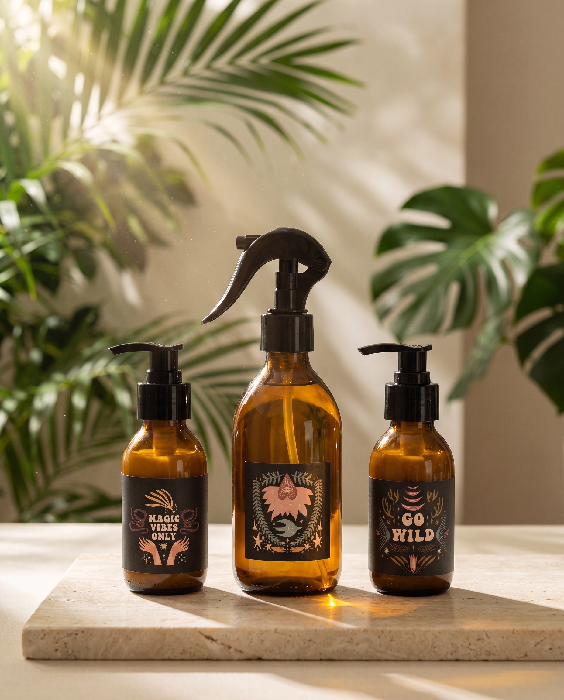 Braunglasflasche mit Etikett – 100 ml & 250 ml, Pumpe oder Sprühkopf