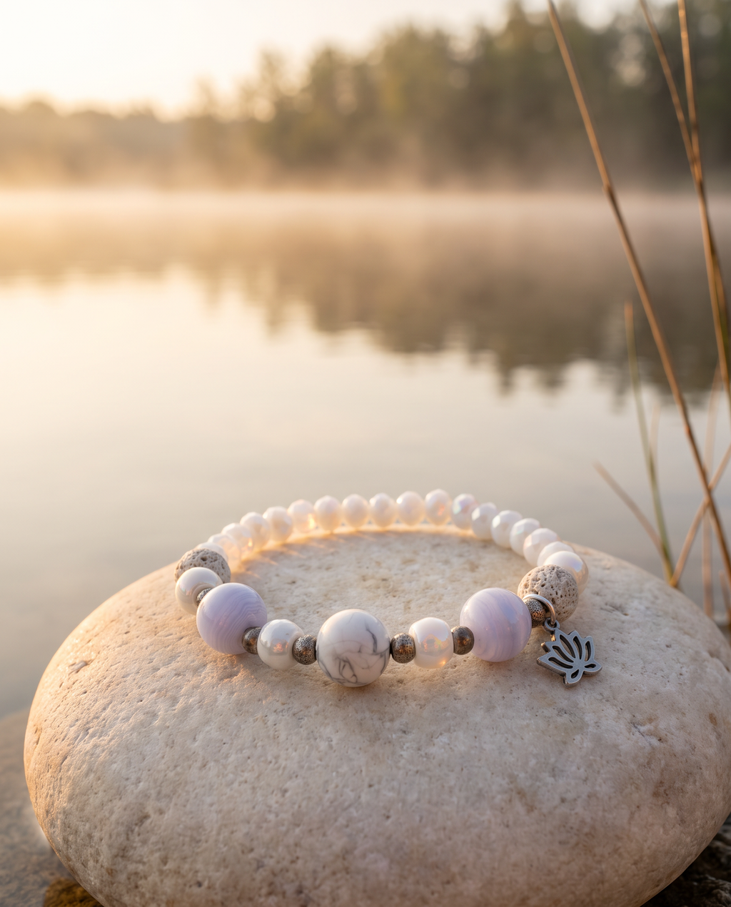 Diffuser-Armband LOTUS von VJORA mit Chalcedon in Lavendel, weißem Magnesit, Lavaperlen und Lotusblüte aus Edelstahl