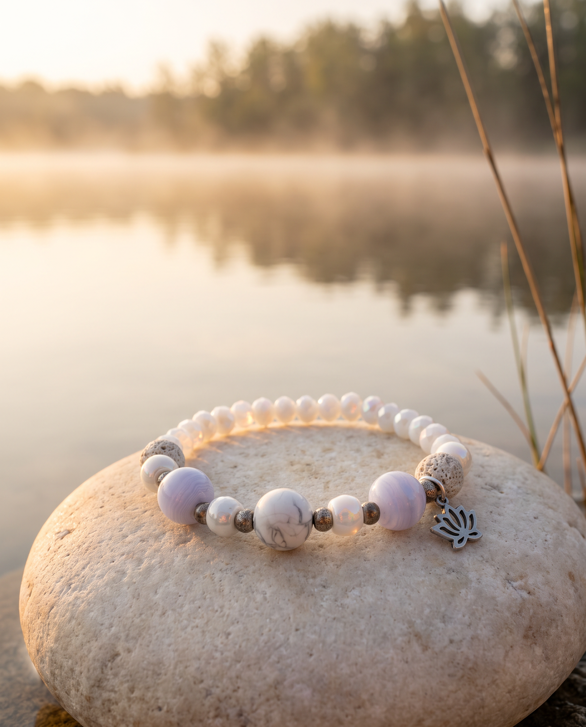 Diffuser-Armband LOTUS von VJORA mit Chalcedon in Lavendel, weißem Magnesit, Lavaperlen und Lotusblüte aus Edelstahl