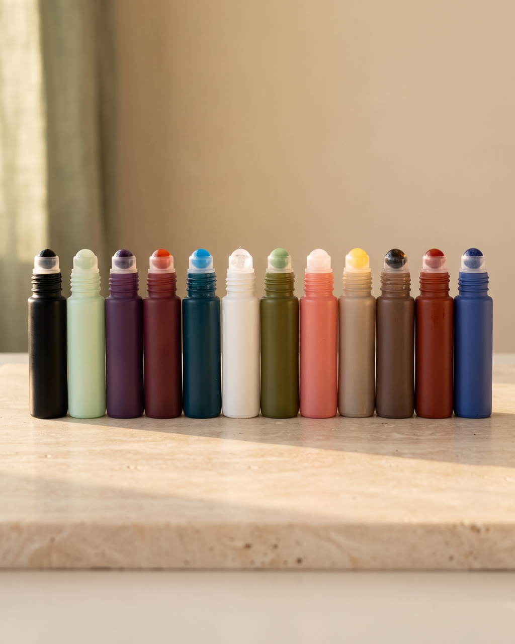Edelstein Roll-On Flasche 10 ml | Matt mit Bambusdeckel in 12 Farben