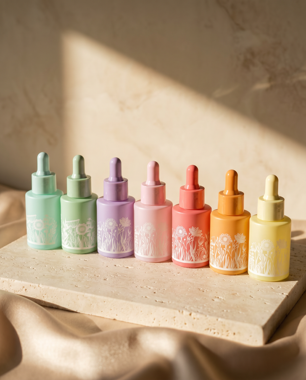 HAPPY FLOWER Serie I Pipettenflaschen aus Glas in tollen Farben mit Blumenmuster