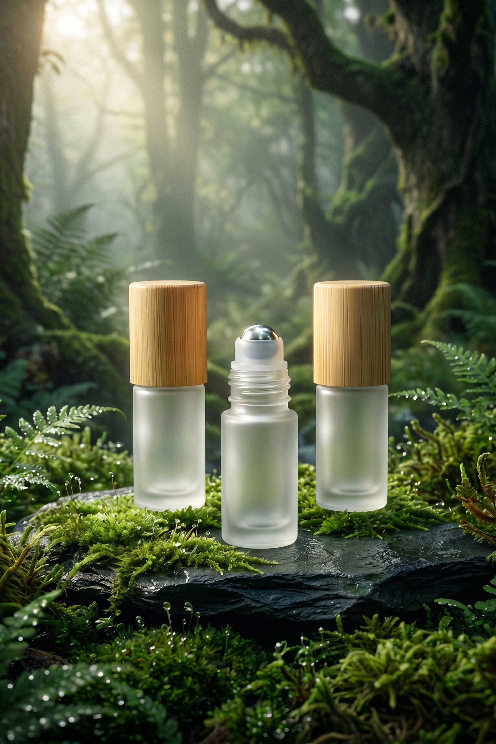 Frosted Glass Rollerball 5ml — mit Bambusdeckel und Edelstahl-Kuge